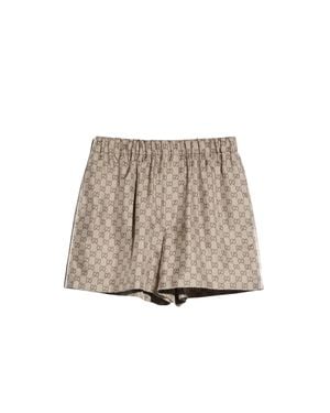 Gucci Silk Twill Mini Shorts With Gg Print, Piped Trim & Drawstring Waist - Natural