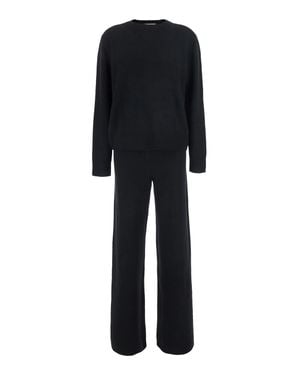 Soft Goat Cashmere Set For With V-Neck Sweater And Elastic Waist Pants - Black