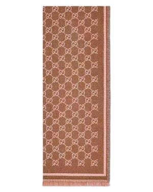 Gucci Gg Wool Scarf With Fringe Trim - Brown