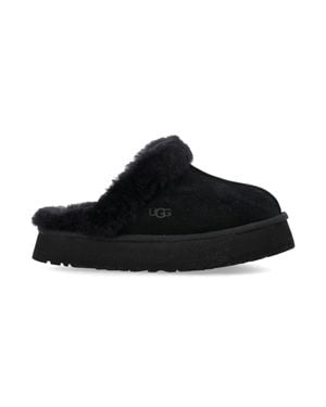 UGG Suede Platform Mini Sandals With Sheepskin Collar - Black