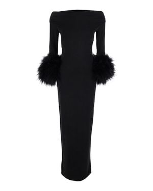 ANDAMANE Long Sleeve Long Dress With Synthetic Fur Trim - Black
