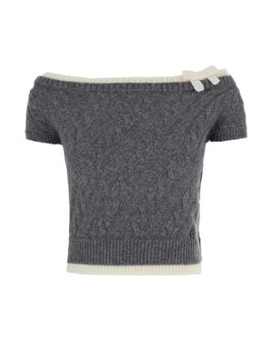 ShuShu/Tong Bow Off-Shoulder Merino Wool & Tencel Puff Sleeve Knit Crop Top - Gray