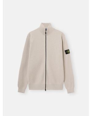 Stone Island Logo-Patch Ribbed-Knit Zip-Front Cardigan - Natural