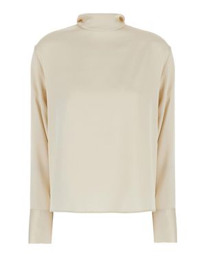 Le Plain Satin High-Neck Blouse With Back Bow Detail - White