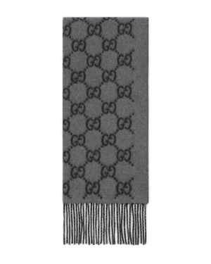 Gucci Gg Cashmere Jacquard Scarf With Fringe Trim, W45Cm X L190Cm - Gray