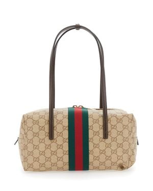 Gucci Gg Canvas Boston Shoulder Handbag With Two Top Handles, Maxi Web Strap, Zip Closure And Size 29X14X15 Cm - Natural