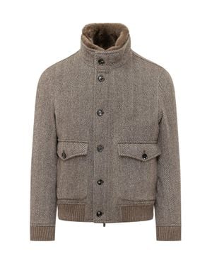 ESTERNO Fishbone-Pattern Jacket With Fur Neck - Brown