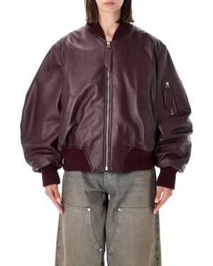 The Attico Attico Anja Oversized Leather Bomber Jacket With Logo Jacquard Lining - Brown