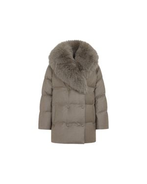 Yves Salomon Wool Silk Blend Down Jacket With Fox Fur Trim - Gray