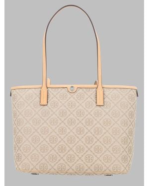 Tory Burch T Monogram Small Shopping Tote Bag, Mini Shoulder Bag - Natural