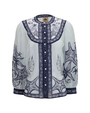 FARM Rio Seaside Print Blouse Coast Scarf Off - Blue