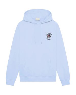 Drole de Monsieur Light Floral Embroidered Drawstring Hoodie With Ribbed Hem And Cuffs - Blue