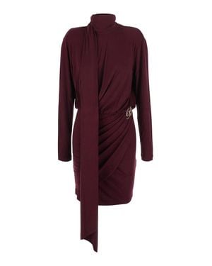 Blumarine Burgundy Viscose & Elastane Collared Long Sleeve Dress With Back Zip