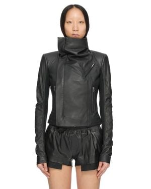 Rick Owens Double-Breasted Lamb Leather Jacket With Off-Center Zipper & High Funnel Neck - Black