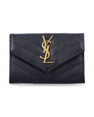 Saint Laurent Cassandre Mini Grained Leather Wallet With Chevron Quilting - Blue