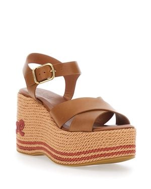 Chloé Leather Wedges With Adjustable Strap And Embroidered Heel Logo - Brown