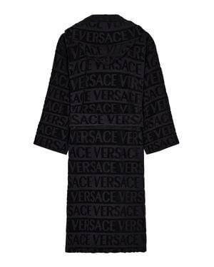 Versace Printed Logo Cotton Bathrobe With Scarf Collar - Black