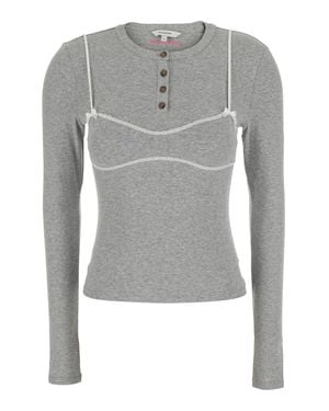 Markgong Lace Trim Bralette Detail Mini V-Neck Long Sleeve Henley T-Shirt For - Gray