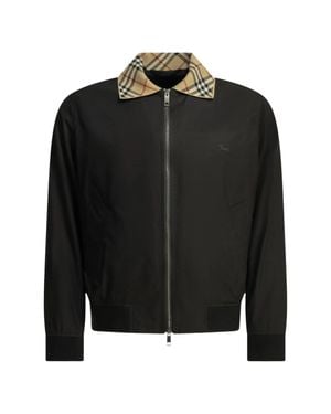 Burberry Embroidered Logo Cotton Jacket With Checkered Collar - Black