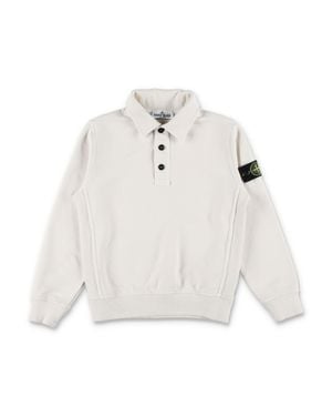 Stone Island Junior-Style Polo Collar Fleece Sweatshirt With Detachable Compass Badge - White