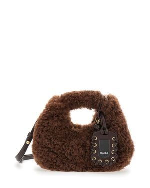 Ganni Fur-Trim Hobo Handbag With Zip Top - Brown