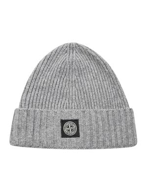 Stone Island Beanie With Compass Patch Ribbed Wool Cashmere - Gray