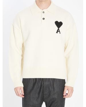 Ami Paris Polo Sweater With Contrasted Mini Heart Logo - Natural
