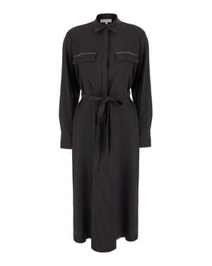 Antonelli Rhinestone Pocket Midi Dress With Waist Belt And Hidden Front Closure - Black