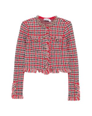 Self-Portrait Fringed Tweed Cropped Jacket With Jewel Trim - Red