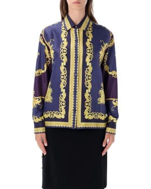 Versace Baroque Print Silk Button-Up Shirt - Blue