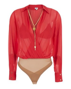 Elisabetta Franchi V-Neck Chain-Detail Viscose Bodysuit With Semi-Transparent Wrap - Red