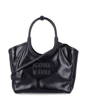 Miu Miu Mini Lettering Calf Leather Handbag With-Tone Hardware & Adjustable Strap - Black