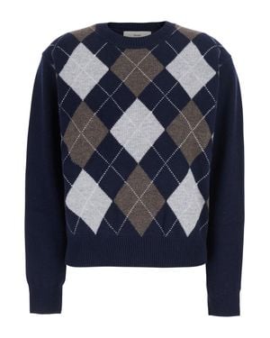 DUNST Argyle Motif Wool Crewneck Sweater With Long Sleeves For - Blue