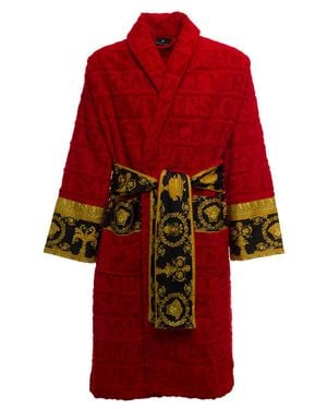 Versace Baroque Jacquard Logo Cotton Terry Bathrobe With Waist Belt, Pockets, And V-Neck - Red