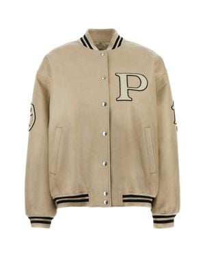 Prada Logo-Appliqué Leather Bomber Jacket - Natural