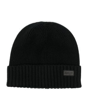 Barbour Logo Patch Ribbed Knit Turn-Up Brim Hat - Black