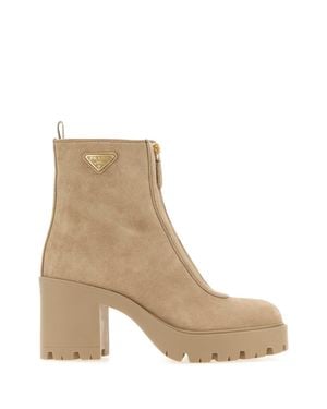 Prada 9 Cm Heel Suede Ankle Boots For - Natural
