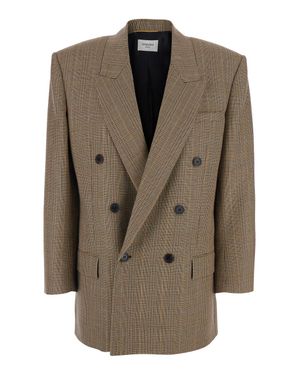 Saint Laurent Veste Tailleur A Col Pointu Prince De Galles - Natural