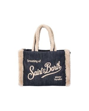 MC2 Saint Barth Faux Fur Trim Canvas Tote Bag - Blue