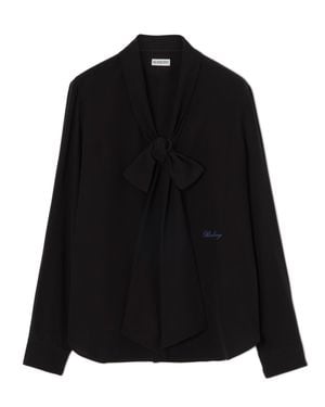Burberry Silk Embroidered Logo Scarf-Tail Blouse - Black
