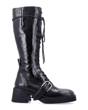 Miista Lace-Up Knee-High Boot With Buckle Strap - Black