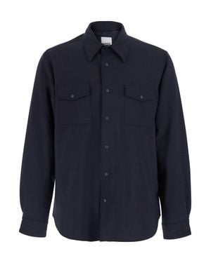Aspesi Wool-Blend Shirt With Pointed Collar, Button Front & Patch Pockets - Blue