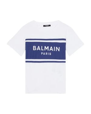 Balmain Round Neck Ribbed T-Shirt With Logo Print For Boys - Blue