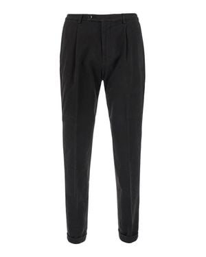 Michael Coal Stretch Cotton Pants With Logo Patch, Cuffed Hem & Pleated Front - Black