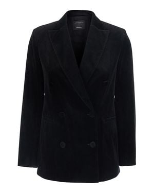 Antonelli Velvet Double-Breasted Blazer Jacket With Notched Lapels And Side Pockets - Blue