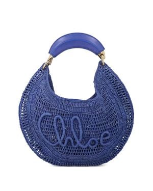 Chloé Mini Raffia Tote Bag With Banana-Shaped Handle, 21.5 Cm - Blue