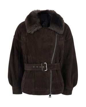 Blancha Merino Shearling And Suede Jacket With Front Zip, Side Pockets - Black