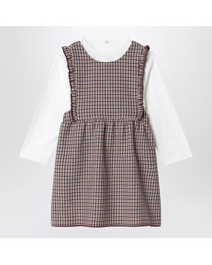 Teddy & Minou Mini Check Motif Cotton Dress With Square Bib & Cross-Back Straps - Brown