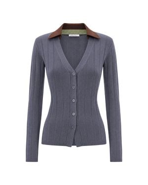 Patrizia Pepe Fitted Ribbed Knit Cardigan With Faux Leather Collar - Blue