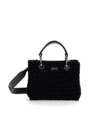 Emporio Armani Logo Patch Canvas Tote Handbag With Removable Shoulder Strap - Black
